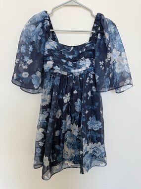 A&N Navy Blue Floral Puff Sleeve Dress